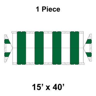 15' x 40' Gable Frame Tent, 1 Piece, 16 oz. Ratchet Top, White and Forest Green, with striped pattern and gable roof design.