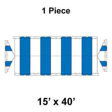 15' x 40' Gable Frame Tent, 1 Piece, 16 oz. Ratchet Top, White and Blue, with striped fabric and side panels, suitable for outdoor events or shelter.