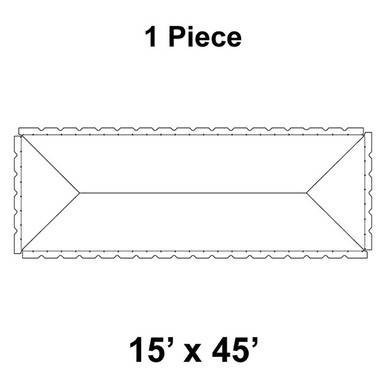 15' x 45' Classic Frame Tent, 1 Piece, 16 oz. Ratchet Top, Solid White, top view illustration showing rectangular shape with scalloped sidewalls and pitched roof.