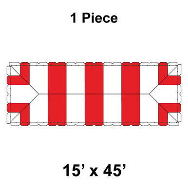 15' x 45' Classic Frame Tent, 1 Piece, 16 oz. Ratchet Top, White and Red, outdoor event tent with striped pattern and sturdy frame.