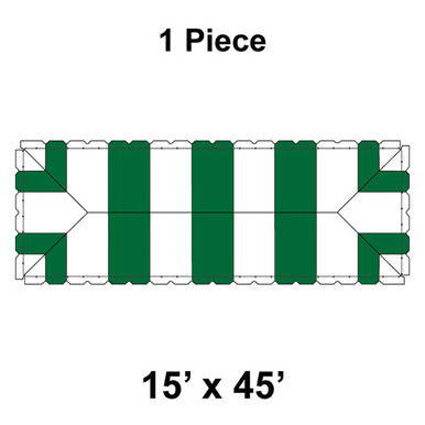 15' x 45' Classic Frame Tent, 1 Piece, 16 oz. Ratchet Top in White and Forest Green, top view showing the layout and colors of the tent's fabric and frame structure.