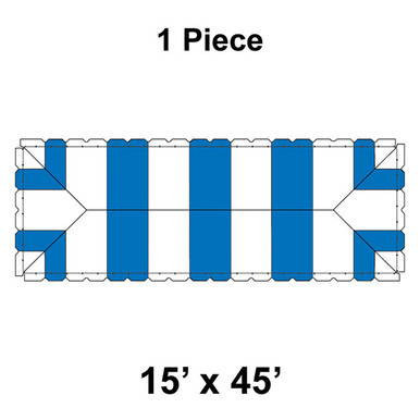 15' x 45' Classic Frame Tent, 1 Piece, 16 oz. Ratchet Top, White and Blue, top view illustration showing fabric panels and frame structure.