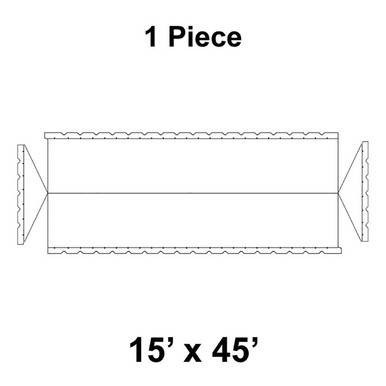 15' x 45' Gable Frame Tent, 1 Piece, 16 oz. Ratchet Top, Solid White, technical drawing of the outdoor event tent's structure and dimensions.