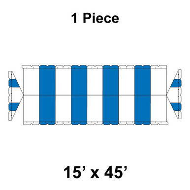 15' x 45' Gable Frame Tent, 1 Piece, 16 oz. Ratchet Top, White and Blue, top-view blueprint diagram of the outdoor event tent with striped pattern.