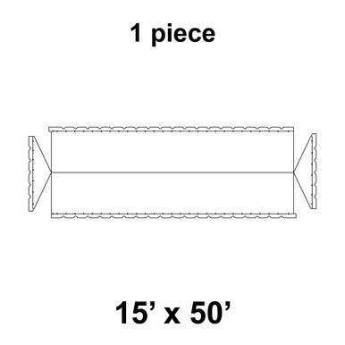 15' x 50' Gable Frame Tent, 1 Piece, 16 oz. Ratchet Top, Solid White, technical drawing showing the tent's structure and design.