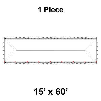 15' x 60' Classic Pole Tent, 1 Piece, 16 oz. Ratchet Top, Solid White, with a rectangular outline and detailed measurements for outdoor event shelter.