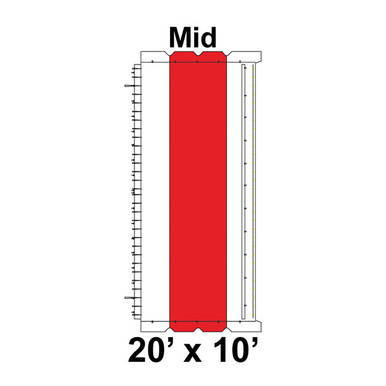 20' x 10' Classic Frame Tent Mid, 16 oz. Ratchet Top, White and Red, illustrating the tent's dimensions and design.