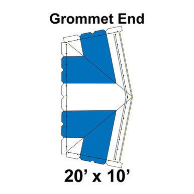 20' x 10' Classic Pole Tent Grommet End, 16 oz. Ratchet Top, White and Blue, diagram showing the grommet end design with blue canvas sections and structural layout.