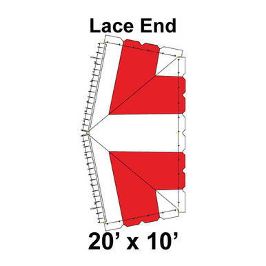 20' x 10' Classic Pole Tent Lace End, 16 oz. Ratchet Top, White and Red, with detailed diagram of lace end and ratchet top design.