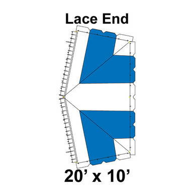 20' x 10' Classic Pole Tent Lace End, 16 oz. Ratchet Top, White and Blue, with detailed diagram of the lace end section of the tent.