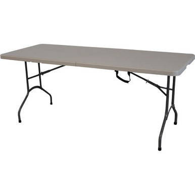 6' x 30" Resin Folding Table, a portable rectangular table with a beige resin surface, black metal legs, and a foldable design.