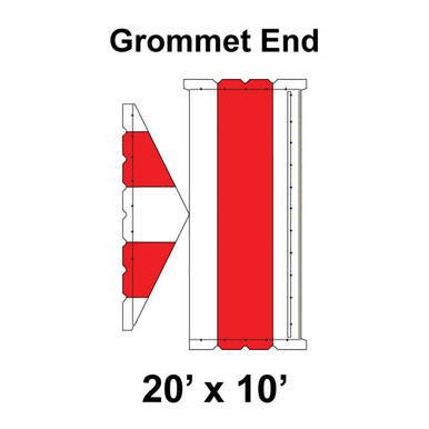 20' x 10' Gable Tent Grommet End, 16 oz. Ratchet Top, White and Red, featuring a grommet end with red accents and a white fabric construction for outdoor use.