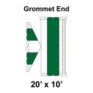 20' x 10' Gable Tent Grommet End, 16 oz. Ratchet Top, White and Forest Green, showing the grommet end design with green fabric sections on the tent end.