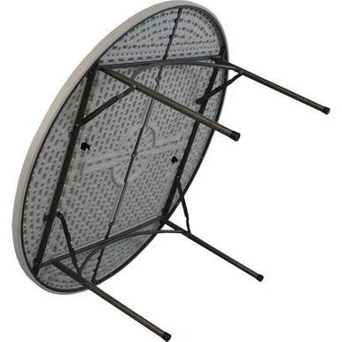 63 Inch Round Resin Table, view of the underside showing foldable metal legs and perforated resin tabletop.