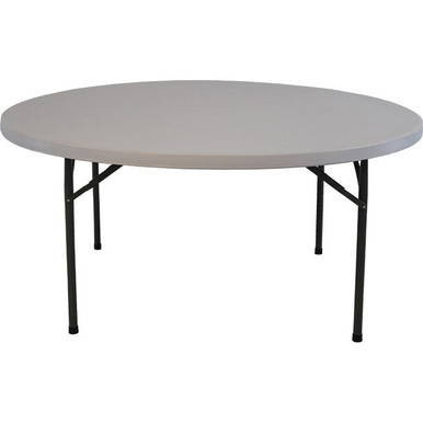 63-inch Round Resin Table, round gray tabletop with black metal legs.