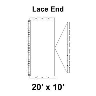 20' x 10' Gable Tent Lace End, 16 oz. Ratchet Top, Solid White, with detailed diagram showing lace end design and measurements.