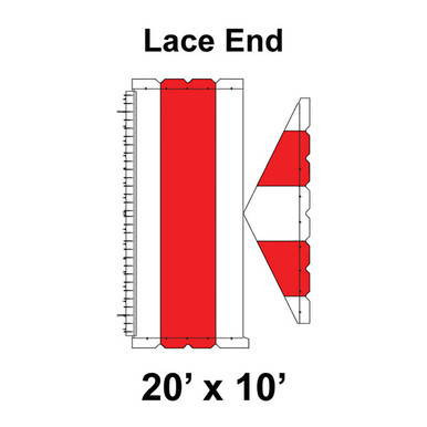 20' x 10' Gable Tent Lace End, 16 oz. Ratchet Top, White and Red, with detailed diagram of the lace end structure and measurements.