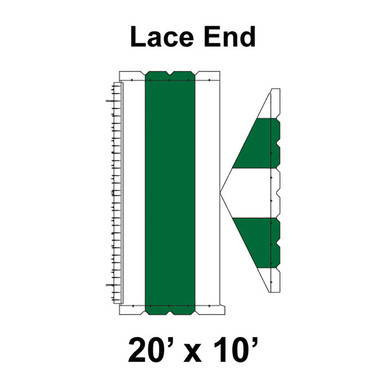 20' x 10' Gable Tent Lace End, 16 oz. Ratchet Top, White and Forest Green, with detailed diagram showing the lace end and side view of the tent structure.