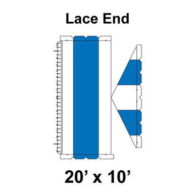 20' x 10' Gable Tent Lace End, 16 oz. Ratchet Top, White and Blue, technical diagram showing lace end design and measurements.