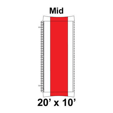 20' x 10' Master Frame Tent Mid, 16 oz. Ratchet Top, White and Red, with labeled dimensions and red and white color pattern on the tent top.