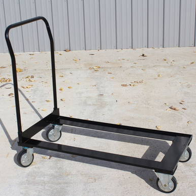 Heavy Duty Chair Cart, a black metal platform cart with four caster wheels and a handle for easy transportation of chairs.