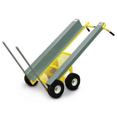 Mantis Mover, industrial hand truck with a yellow platform and black wheels for moving heavy or bulky items.