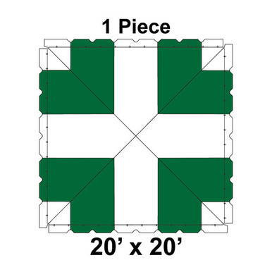 20' x 20' Classic Pole Tent, 1 Piece, 16 oz. Ratchet Top, White and Forest Green, top view diagram of the tent with color-coded sections and measurements.