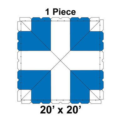 20' x 20' Classic Pole Tent, 1 Piece, 16 oz. Ratchet Top, White and Blue, detailed diagram of the tent with blue fabric sections and structural layout.