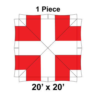 20' x 20' Master Series Frame Tent, 1 Piece, 16 oz. Ratchet Top, White and Red, with a detailed diagram showing the tent's structure and color sections.