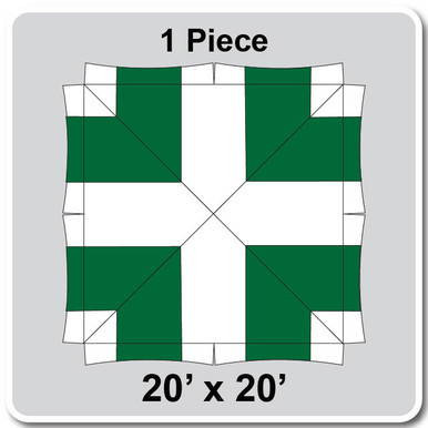 20' x 20' Master Series Frame Tent, 1 Piece, 16 oz. Ratchet Top, White and Forest Green, top view illustration of the tent with color-coded sections and labeled dimensions.