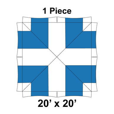 20' x 20' Master Series Frame Tent, 1 Piece, 16 oz. Ratchet Top, White and Blue, overhead view of the tent's top structure with blue panels and white frame.