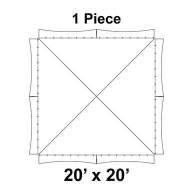 20' x 20' Master Series Peak Tent, 1 Piece, 16 oz. Ratchet Top, Solid White, schematic diagram showing the tent's dimensions and structure layout.