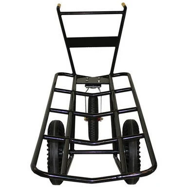 All Terrain 3 Wheel Tent Cart, a durable black metal cart with three large wheels, a handlebar, and a spacious platform designed for transporting camping or outdoor gear.