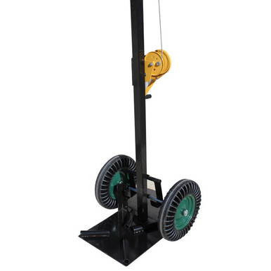 12' Frame Tent Jack, image of a heavy-duty black and green tent jack with handles and wheels for easy transportation and setup of large tents.