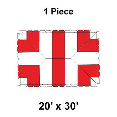 20' x 30' Classic Pole Tent, 1 Piece, 16 oz. Ratchet Top, White and Red, top view showing red and white sections for outdoor events and gatherings.