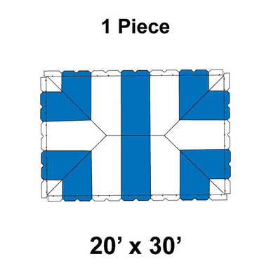 20' x 30' Classic Pole Tent, 1 Piece, 16 oz. Ratchet Top, White and Blue, with a layout diagram showing the tent's structure and design.