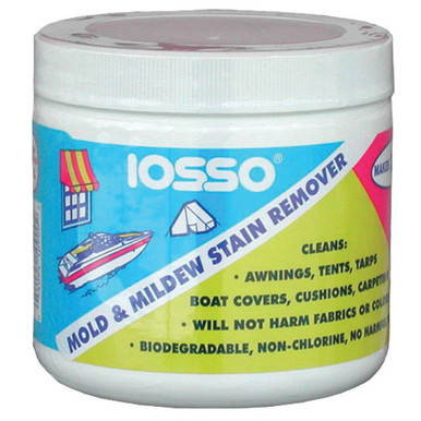 Celina Tent Mold & Mildew Stain Remover 12oz, a cleaning product in a white jar with colorful label for mold and mildew stain removal.