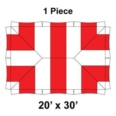 20' x 30' Master Series Frame Tent, 1 Piece, 16oz. Ratchet Top, White and Red, with a diagram showing the tent's structure and color pattern.