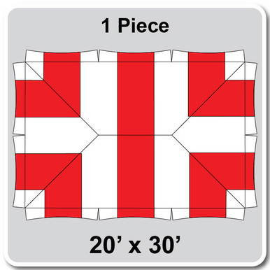 20' x 30' Master Series Frame Tent, 1 Piece, 16oz. Ratchet Top, White and Red, product image showing the top cover with red and white sections in a rectangular shape.