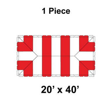 20' x 40' Classic Pole Tent, 1 Piece, 16 oz. Ratchet Top, White and Red, with a diagram of the tent layout showing the pattern and dimensions.