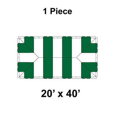 20' x 40' Classic Pole Tent, 1 Piece, 16 oz. Ratchet Top, White and Forest Green, with a diagram of the tent's top view showing the color pattern and structure.