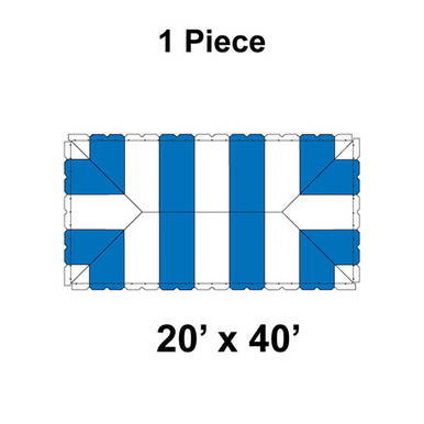 20' x 40' Classic Pole Tent, 1 Piece, 16 oz. Ratchet Top, White and Blue, with a top-down view of the patterned tent showing its clear blue and white striped design.