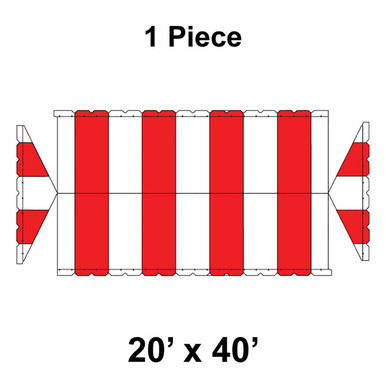 20' x 40' Gable Frame Tent, 1 Piece, 16 oz. Ratchet Top, White and Red, with a diagram showing the layout and dimensions of the tent.