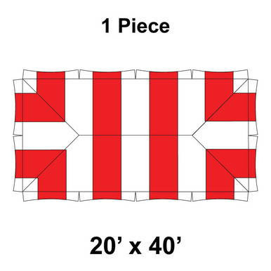 20' x 40' Master Series Frame Tent, 1 Piece, 16oz. Ratchet Top, White and Red, with a detailed diagram showing its size and color pattern.