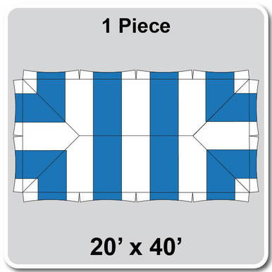 20' x 40' Master Series Frame Tent, 1 Piece, 16oz. Ratchet Top, White and Blue, viewed from above showing the rectangular tent with blue and white sections in a pattern.