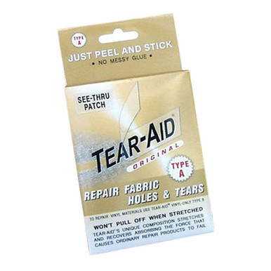 Tear-Aid Patch Kit Type A, packaging of the repair patch kit with label indicating it is for fabric and holes repair