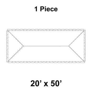 20' x 50' Classic Frame Tent, 1 Piece, 16 oz. Ratchet Top, White, product diagram showing a rectangular tent with scalloped edges and labeled dimensions.