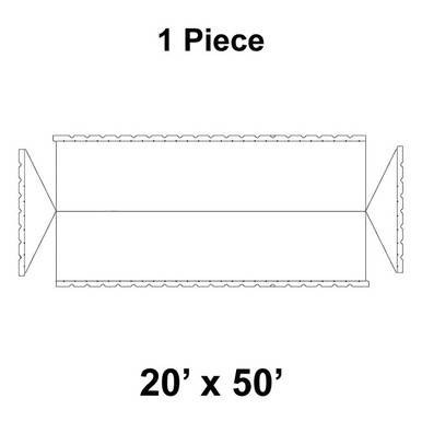 20' x 50' Gable Frame Tent, 1 Piece, 16 oz. Ratchet Top, Solid White, illustration of the tent's outline with gable roof and sidewalls.