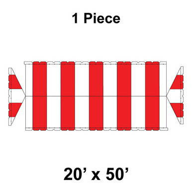 20' x 50' Gable Frame Tent, 1 Piece, 16 oz. Ratchet Top, White and Red, technical drawing of the outdoor event tent with a gable roof design and red and white striped pattern.