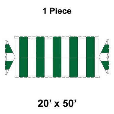 20' x 50' Gable Frame Tent, 1 Piece, 16 oz. Ratchet Top, White and Forest Green, image of the tent's top view with green and white striped pattern and frame structure.